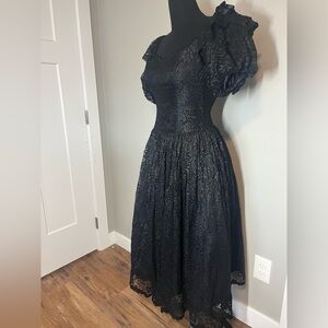 Scott McClintock 4 Black Lace Vintage 80s Prom Dress Puff Sleeves Bow Sweetheart